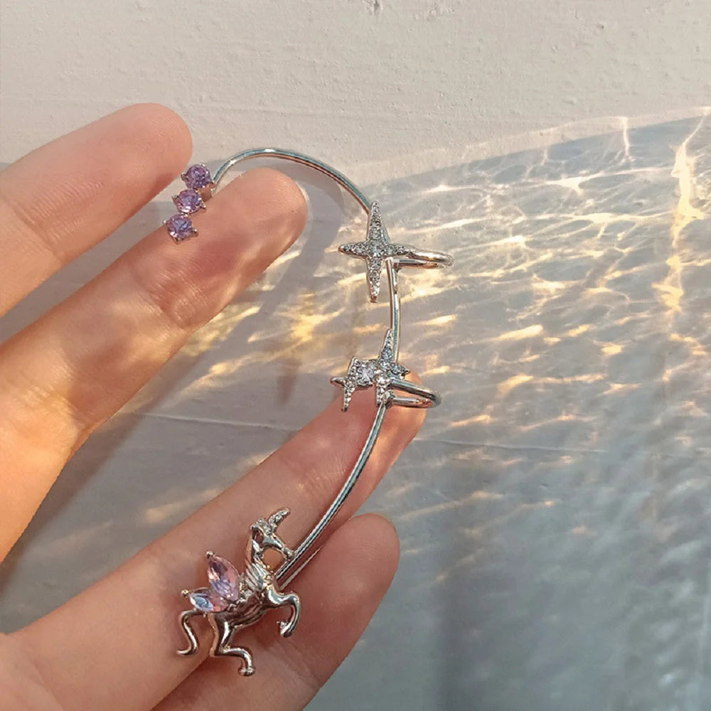 Butterfly design non-pierced earrings with detachable chain link in silver and purple