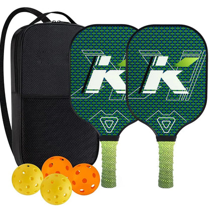 Peak Racket fibreglass squash set showing two rackets and four balls for complete playing equipment