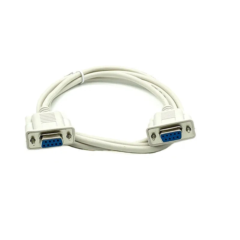 Close-up of a milky white DB9 female-to-female RS232 serial cable, 1.5 metres long.
