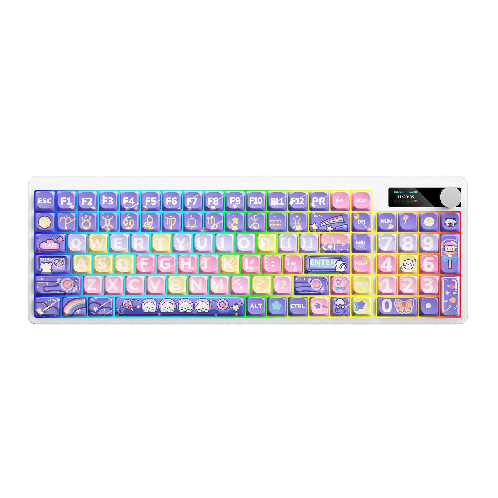 Black iron cow layout mechanical keyboard with RGB backlighting on a desk.
