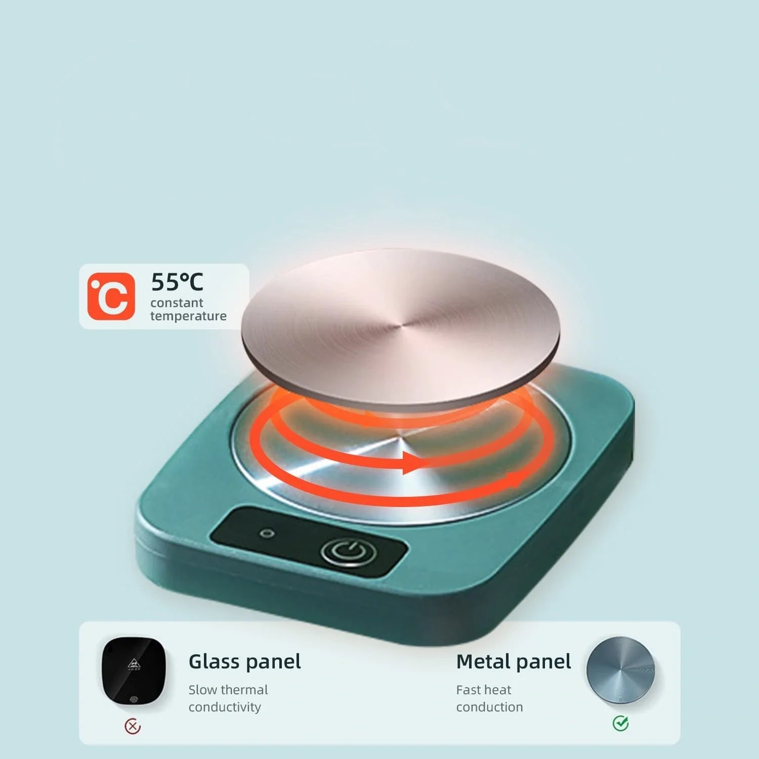 Electric tea water heating pad on desk with coffee cup, keeping beverage warm