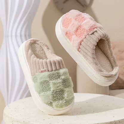 Women's plaid pattern plush slippers with coral velvet upper and non-slip sole in multiple colour options