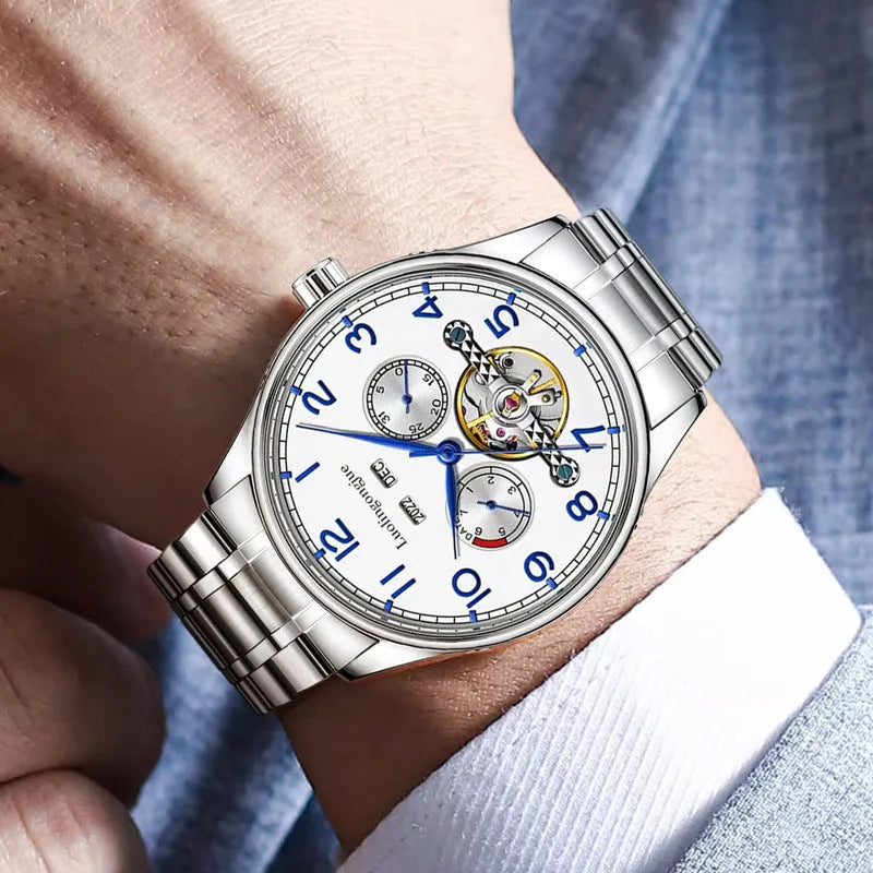 Men's stainless steel mechanical watch with sapphire crystal glass and genuine leather strap on wrist