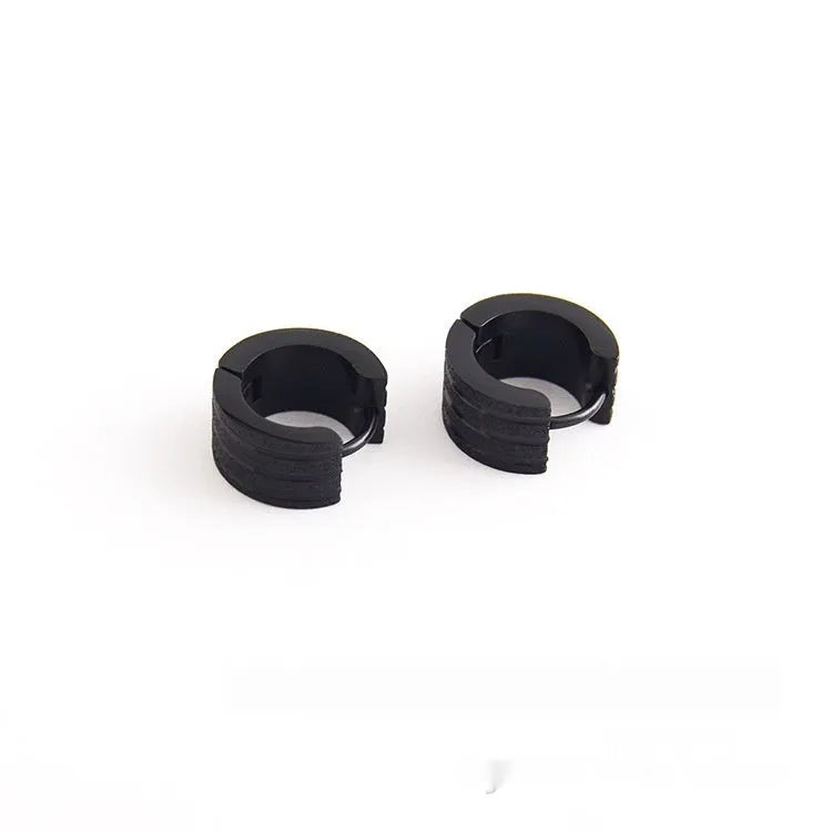 Geometric titanium steel earrings with frosted three-line design in black, gold, and steel colour finishes
