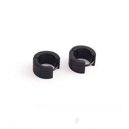 Geometric titanium steel earrings with frosted three-line design in black, gold, and steel colour finishes