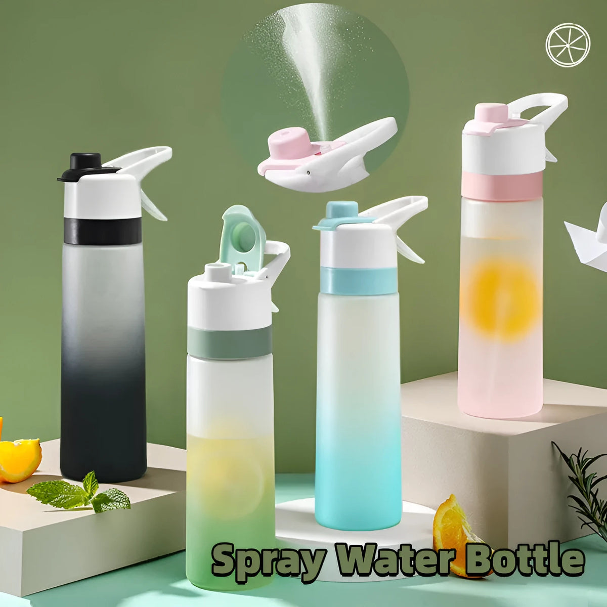 Large plastic spray water bottle with handle strap and leakproof lid in green colour.