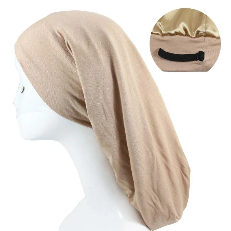 Adjustable satin-lined nightcap in various colors for women's hair care and relaxation