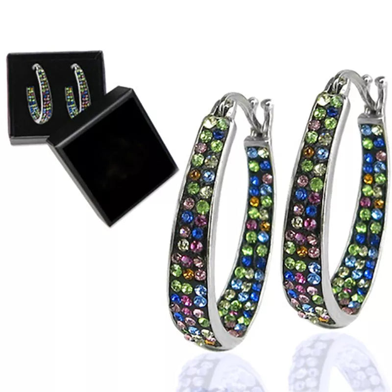 Colorful geometric diamond earrings for women in pink, purple, sky blue, and multicolor options