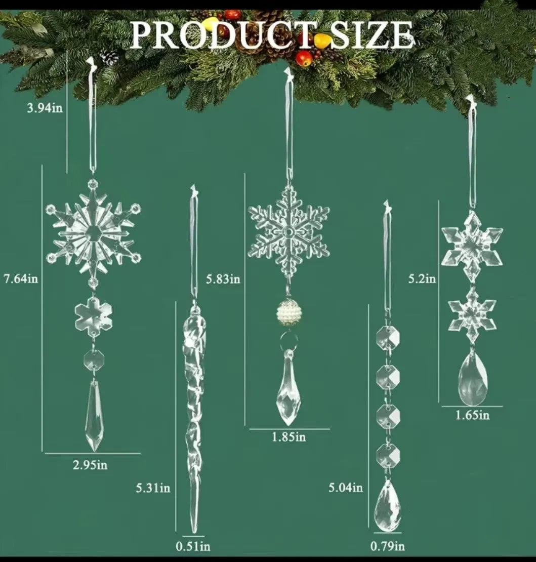10 clear acrylic ice cone Christmas tree ornaments with hanging ribbons on green branches