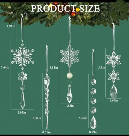 Elegant acrylic icicle ornaments with hanging holes and ribbons, perfect for decorating Christmas trees, fireplaces, and more.