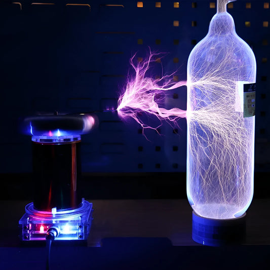 Music Tesla coil driver board with controller, cables, and glowing electrical arcs