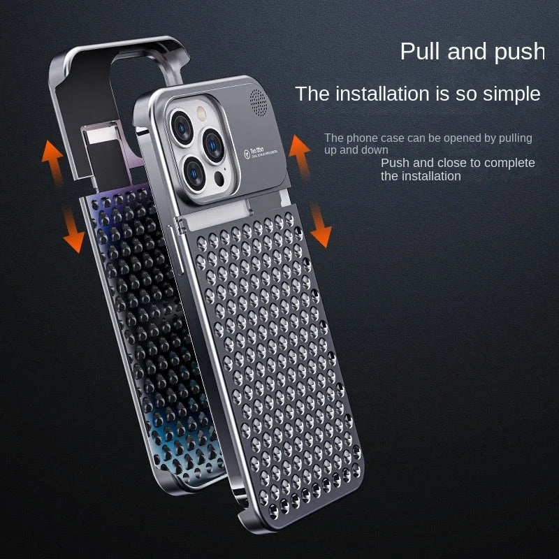 Aluminum alloy iPhone case with hollow design for heat dissipation and built-in aromatherapy tablet