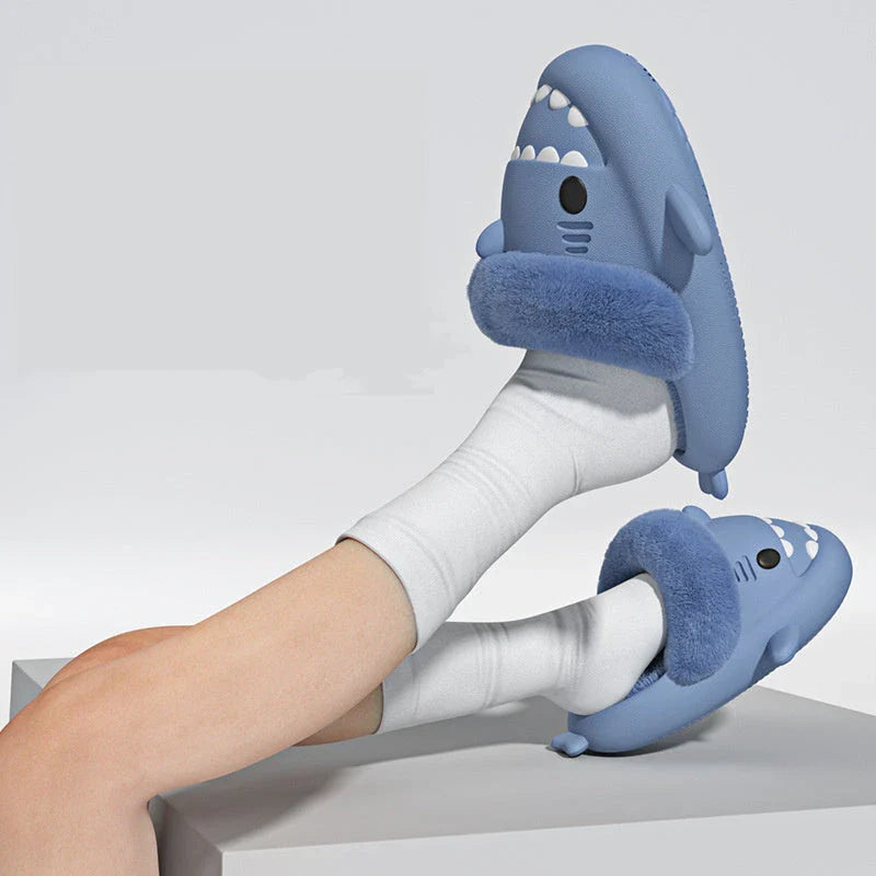 Cozy and stylish shark-themed house slippers with a plush, fuzzy upper and a durable, non-slip sole