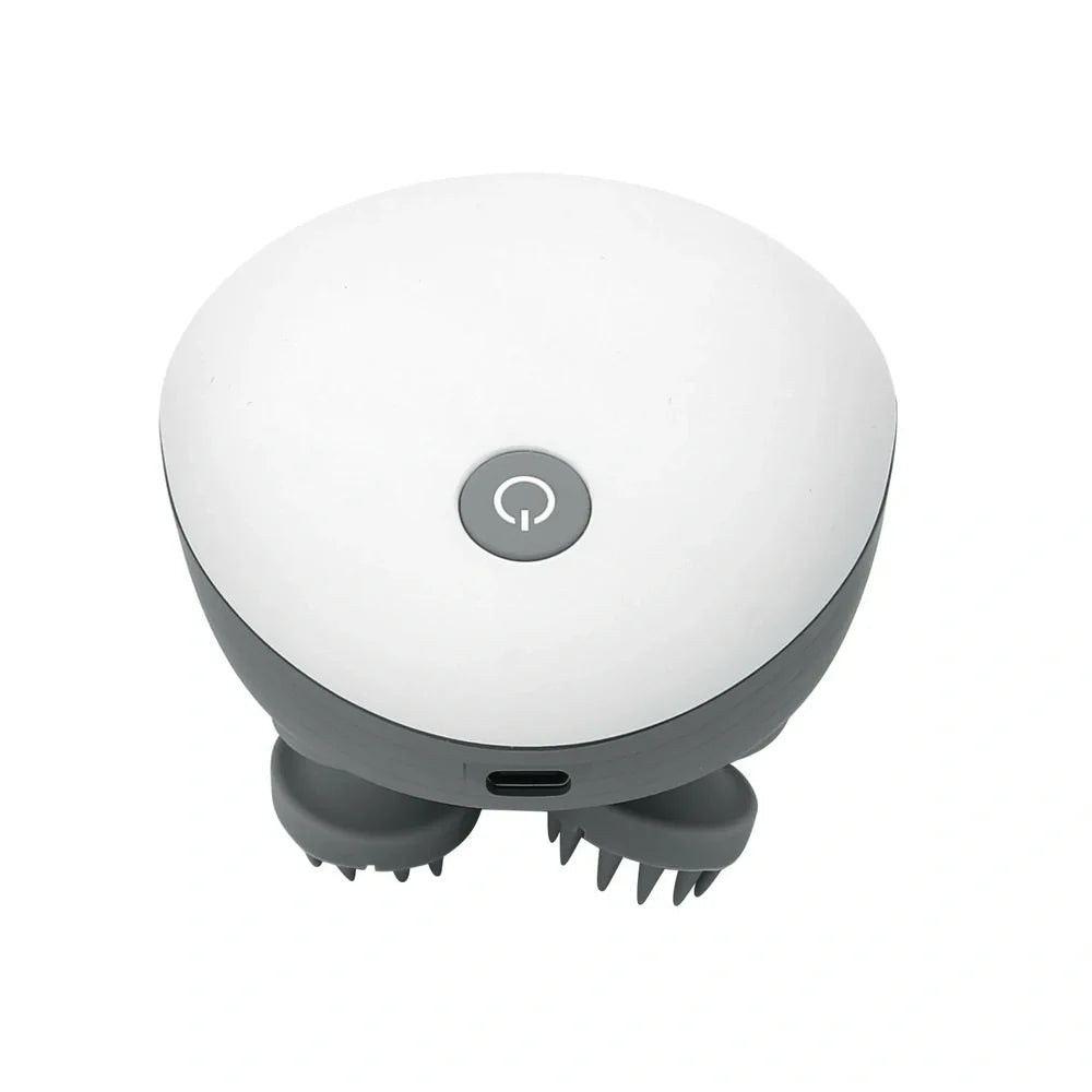 Automatic scalp massager with 8 blue silicone heads arranged in circular pattern on white background