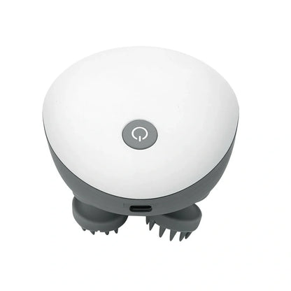 Automatic scalp massager with 8 blue silicone heads arranged in circular pattern on white background