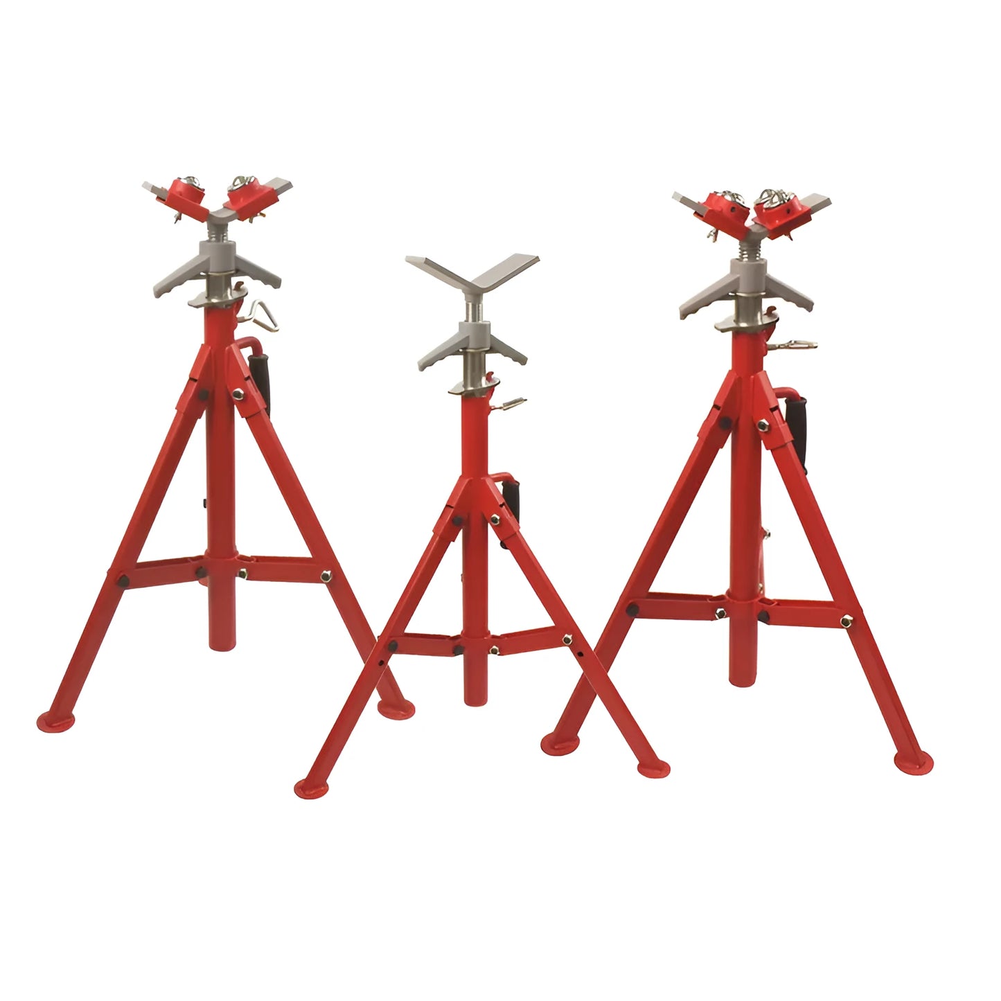 Metal V-head pipe support bracket for steel pipes, shown with ball joint options.