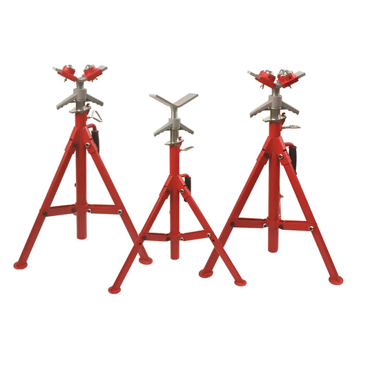 Metal V-head pipe support bracket for steel pipes, shown with ball joint options.