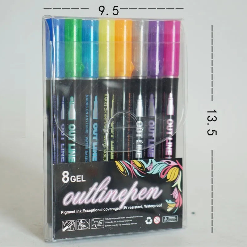 12 colour metal double line outline pen set showing 13cm length and plastic pen tips