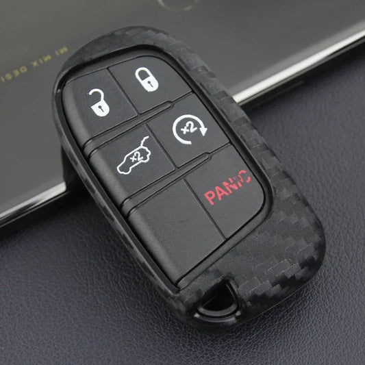 Carbon fibre texture silicone key case for Dodge Chrysler Fiat vehicles showing 2mm thickness