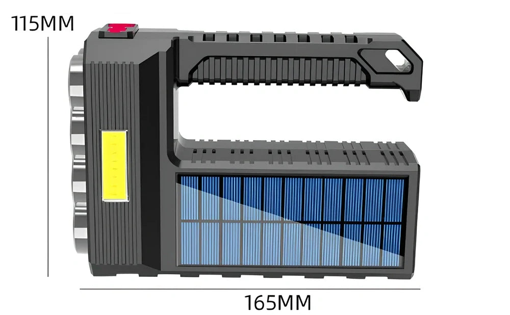 Solar USB rechargeable flashlight with 8 LED heads, aluminium alloy body, rubber switch, and side COB light