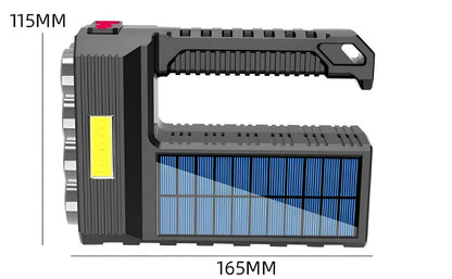 Solar USB rechargeable flashlight with 8 LED heads, aluminium alloy body, rubber switch, and side COB light