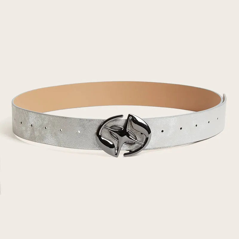 Women's retro PU leather belt with oval alloy buckle in thick over 4cm width, shown in grey white colour.