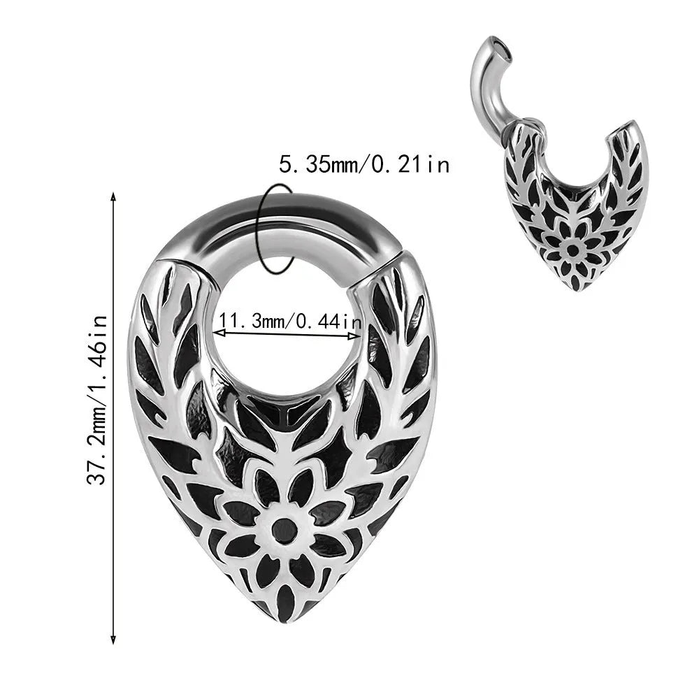 Drop-shaped stainless steel ear extender with round hanging egg design and totem etching in four colour variations