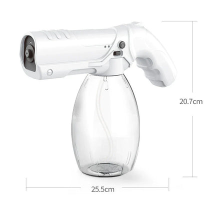 Cordless sanitizing spray gun with nano-atomization, UV disinfection, and long-lasting battery for versatile cleaning and disinfection in home, vehicle, and commercial settings.