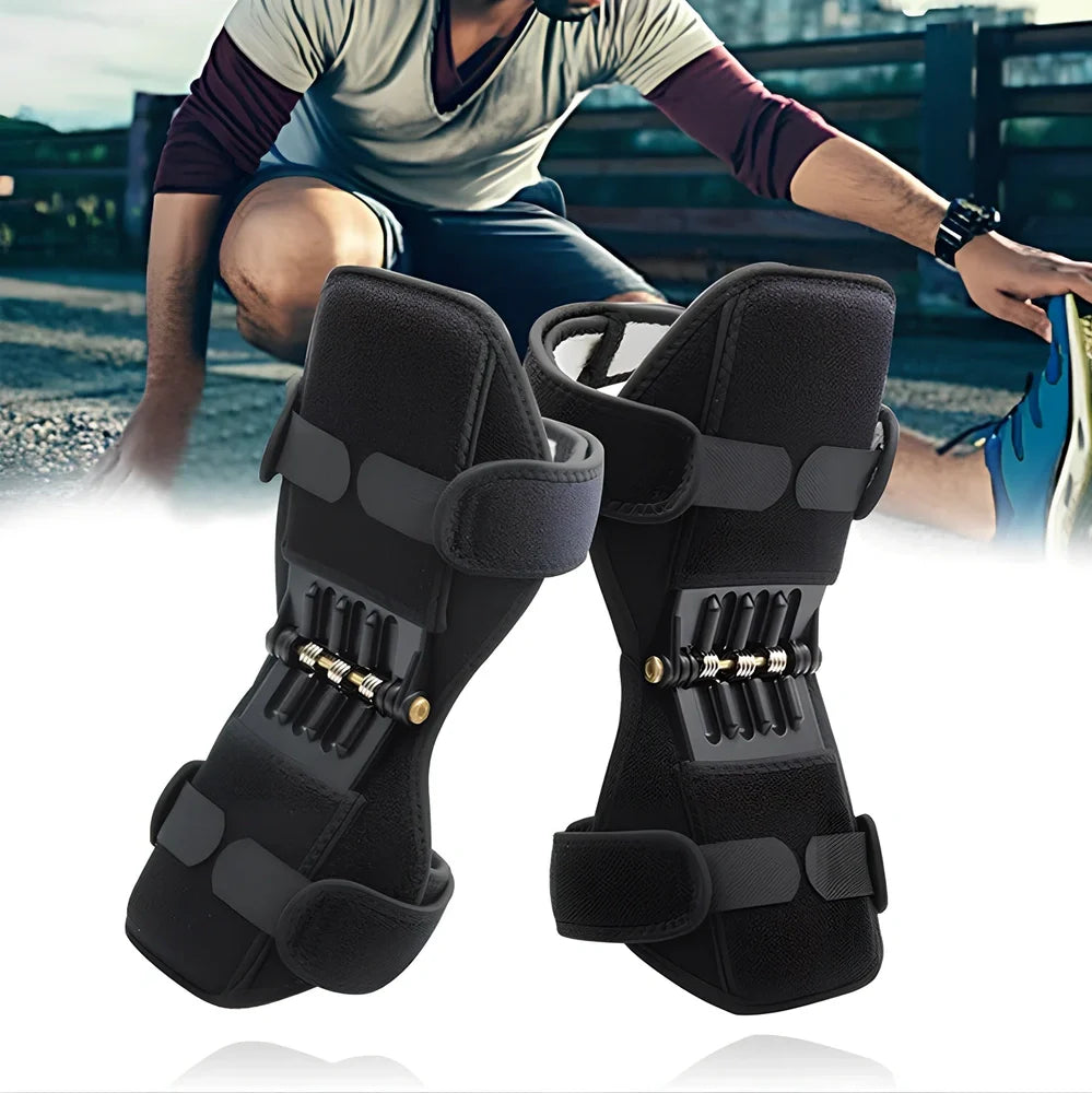 Black joint support knee pads with rebound spring system and breathable fabric