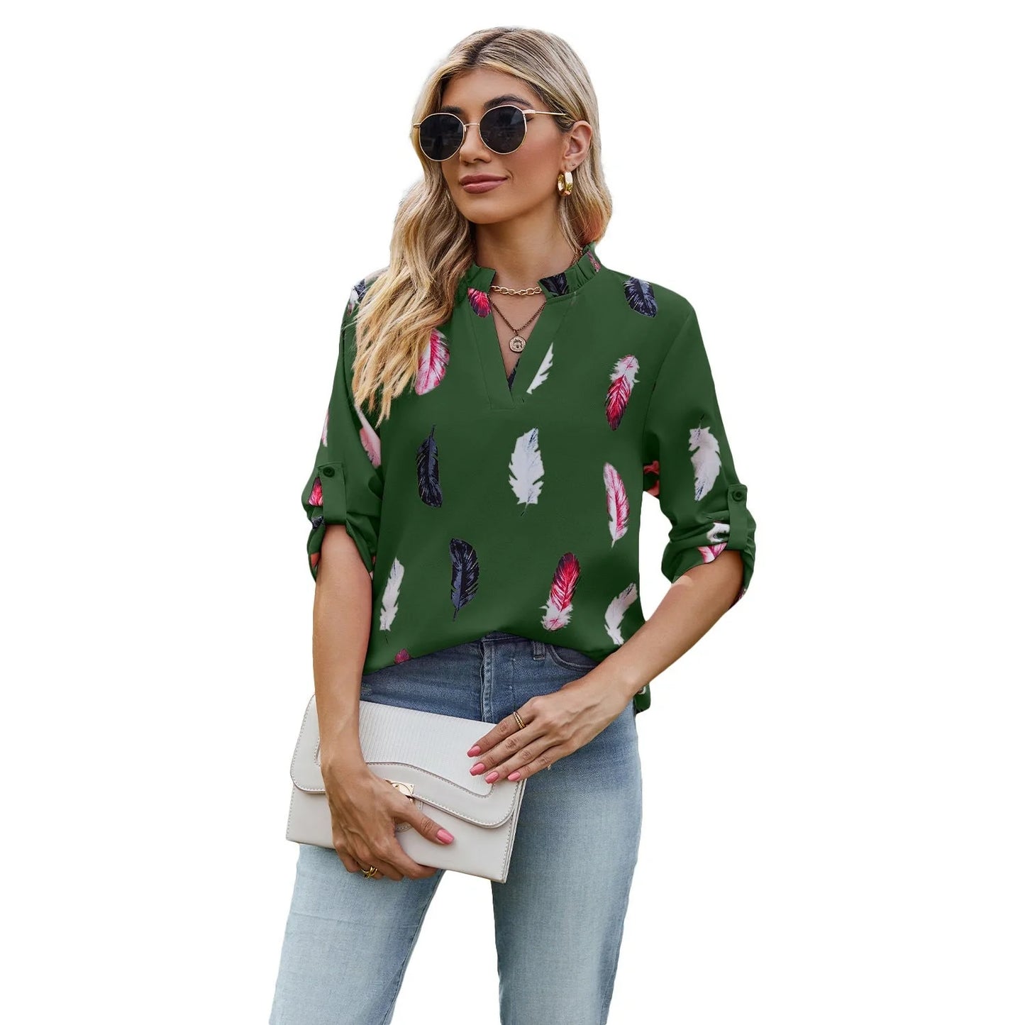 Stylish feather-printed pullover blouse in a variety of colors and sizes