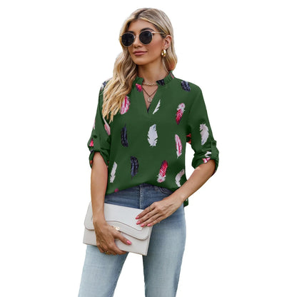 Stylish feather-printed pullover blouse in a variety of colors and sizes