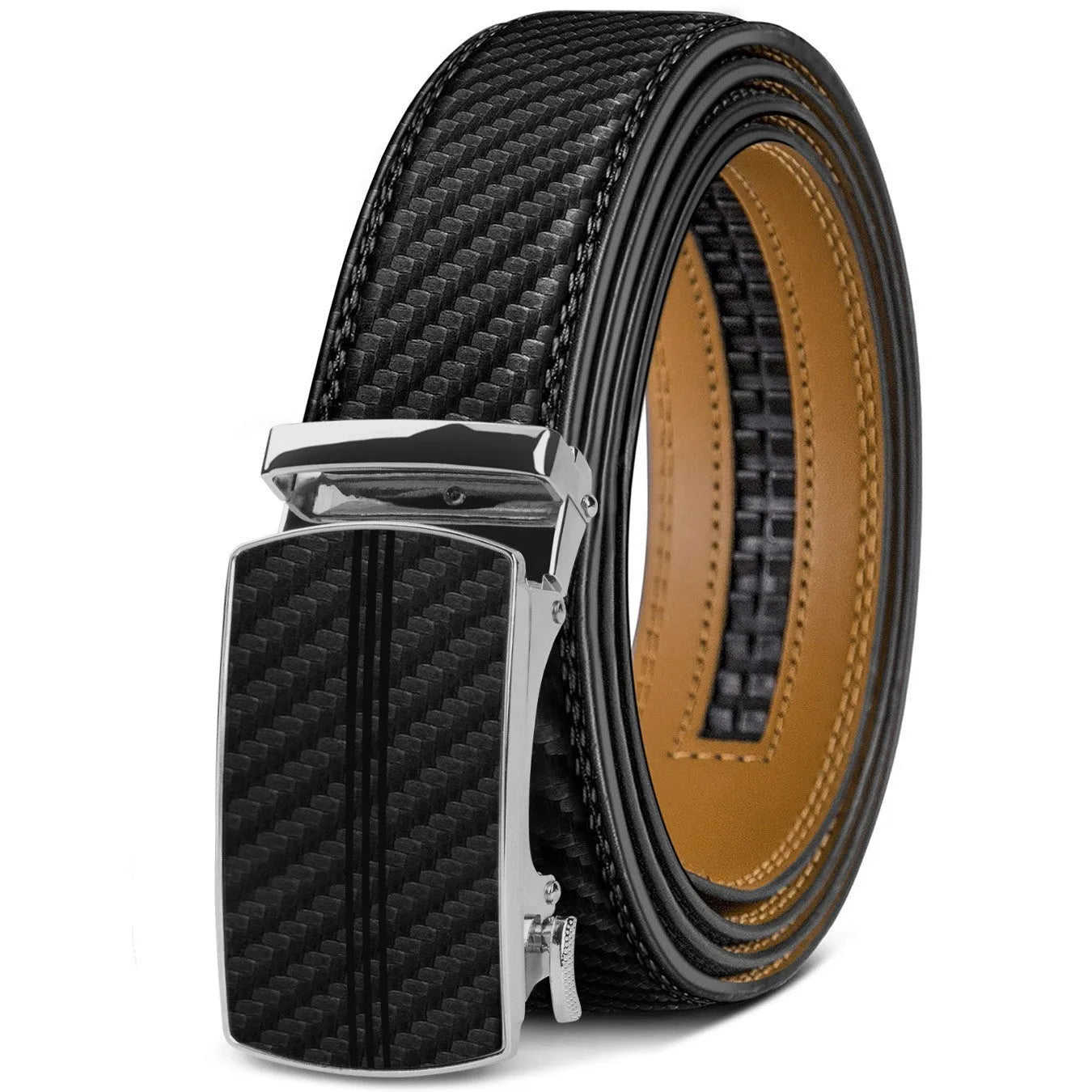 Men's brown PU leather belt with an automatic alloy buckle on a textured background.