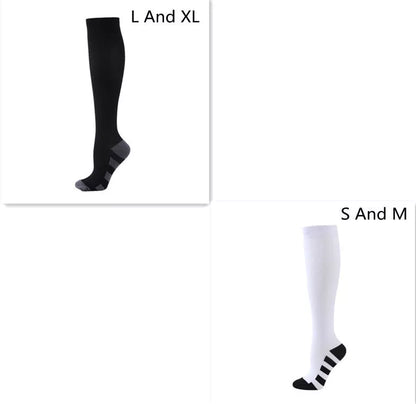Athletic compression socks with three-bar design in black, pink, and white