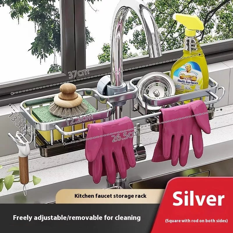 Aluminum sink faucet storage rack with rotatable design and towel hook