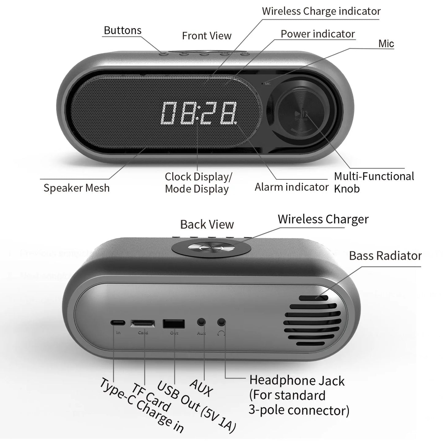 Space grey wireless charging bedside alarm clock with Bluetooth speaker and FM radio