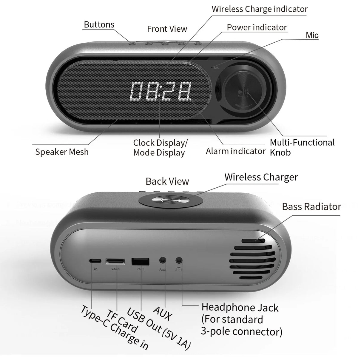 Space grey wireless charging bedside alarm clock with Bluetooth speaker and FM radio