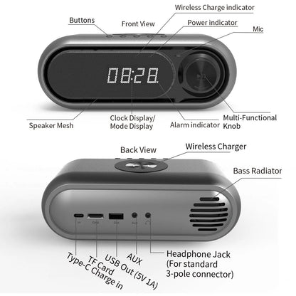 Space grey wireless charging bedside alarm clock with Bluetooth speaker and FM radio