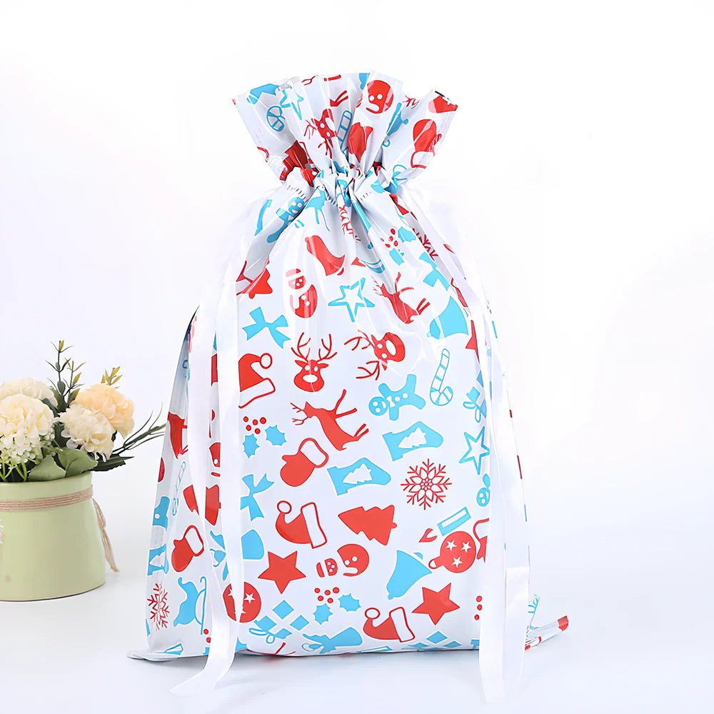 Christmas gift bag with drawstring closure in laser gold finish, 32x24cm dimensions