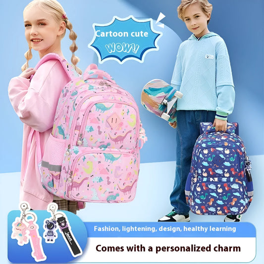Blue dinosaur pattern children's waterproof backpack with curved shoulder straps on a wooden bench.
