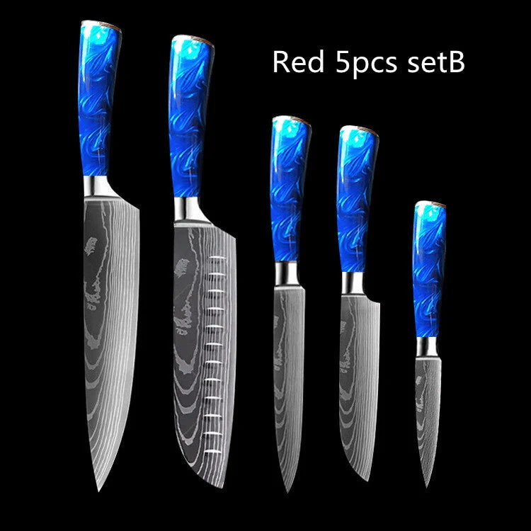 8-inch Chef Knife with vibrant blue resin handle, perfect for precision cutting in the kitchen.