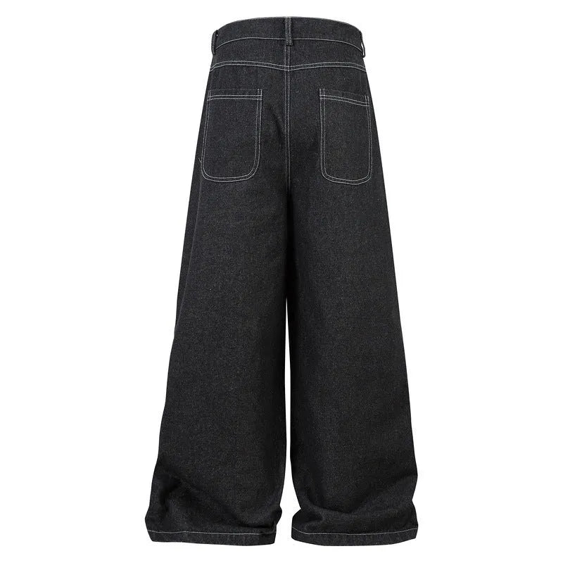 Black multi-pocket pleated workwear jeans with zip fly and straight leg cut