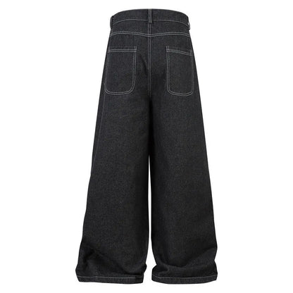 Black multi-pocket pleated workwear jeans with zip fly and straight leg cut