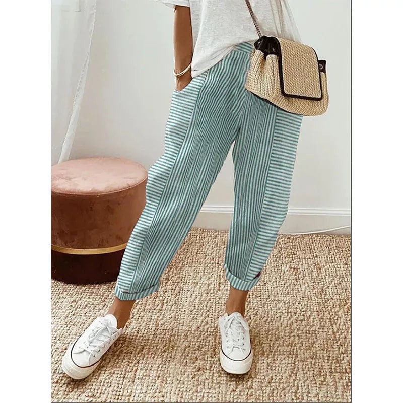 Women's striped print trousers in light gray, loose fit for summer comfort