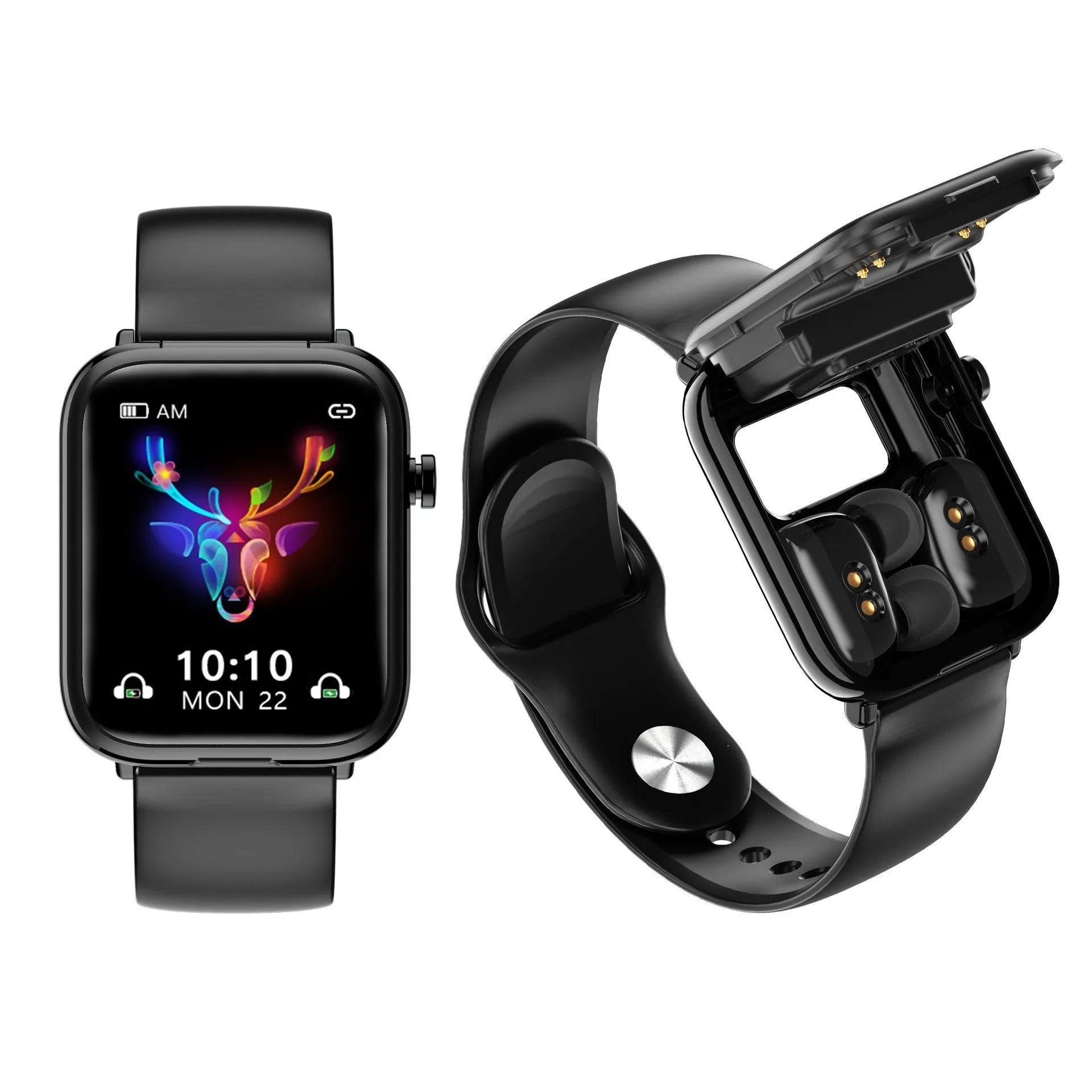 Black smart Bluetooth headset watch with 1.69-inch touch screen showing heart rate and exercise data