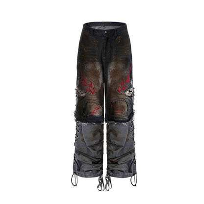 Men's retro wide leg jeans with detachable trouser legs in denim fabric