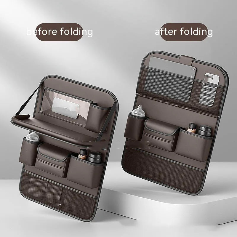 Leather car seat lazyback storage bag with foldable dining table, waterproof, 1.2kg, 48 x 25 x 6cm, in four colours.