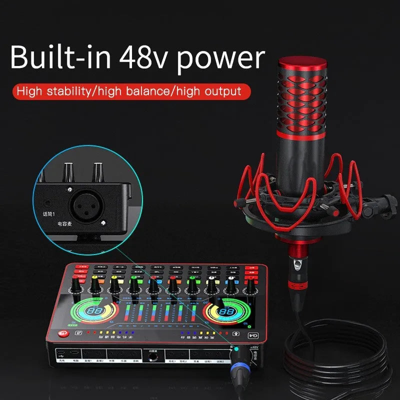 Professional G4 sound card set with capacitance microphone, LCD display and audio cables for live broadcast applications
