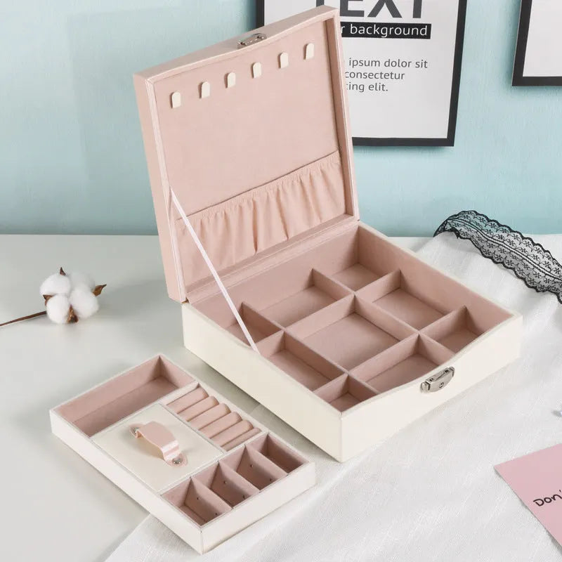 Red or white PU jewellery storage box with multiple compartments for necklaces and rings