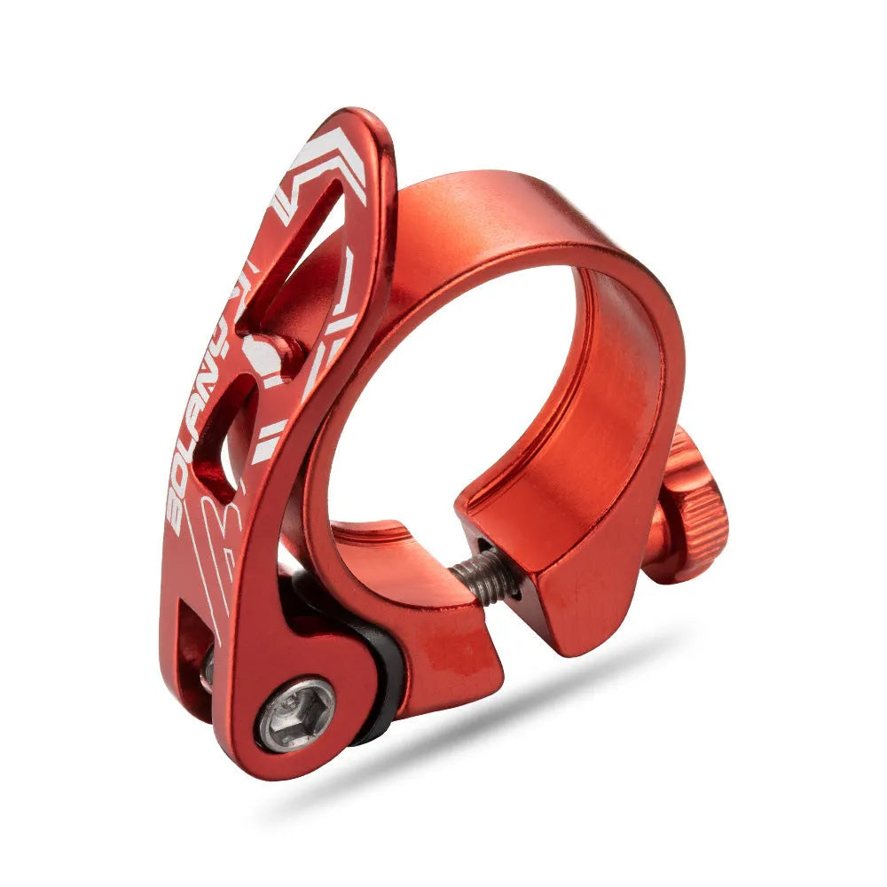 Aluminium bicycle seat tube clamp in black, red, gold, or blue colour options