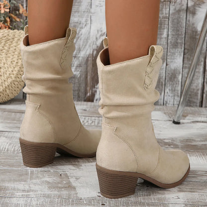 Women's mid-calf suede boots with leather stitching, 3-5cm short stout heel, in milky white or lotus root colour, sizes 36-42